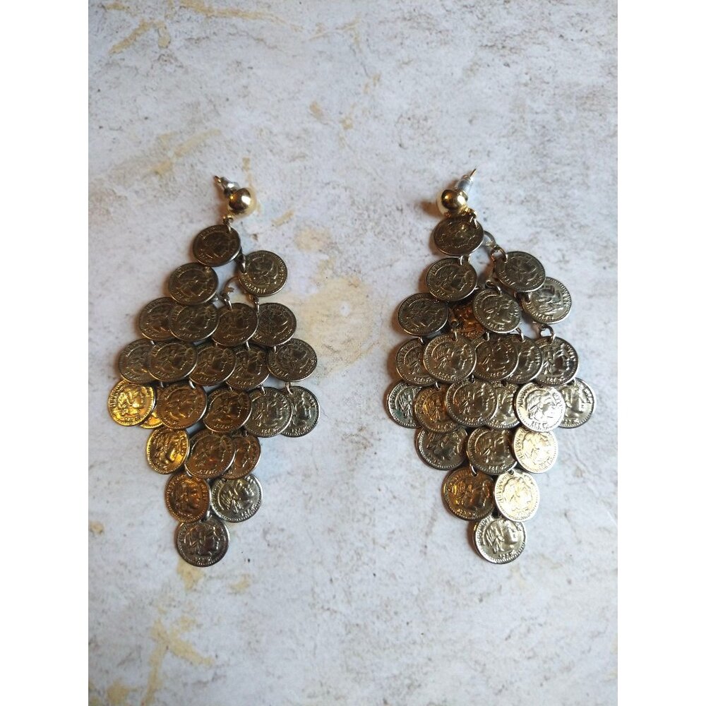 Coin Cascade Chandelier Earrings Estate Jewelry Metallic
